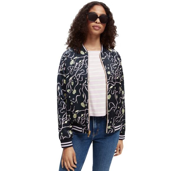 NWOT SCOTCH & SODA Bomber Jacket XS 2-In-1 Reversible Oversized Satin Floral&Geo - Picture 1 of 6